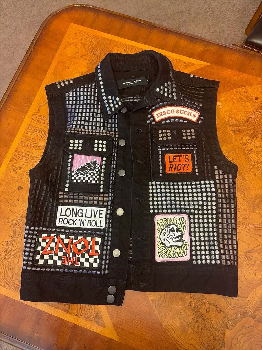 Topman Design Studded Black Denim Punk Vest with Patches